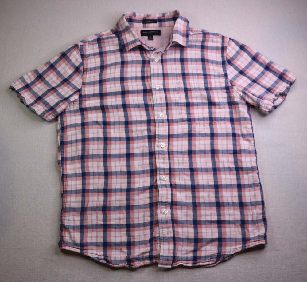 Banana Republic Shirt Men M Pink Blue Plaid Short Sleeve Button Down Cotton Slim